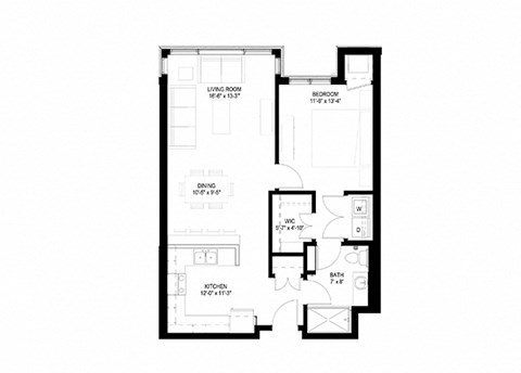 Floor plan for 1 bed, 1 bath, 819 sqft